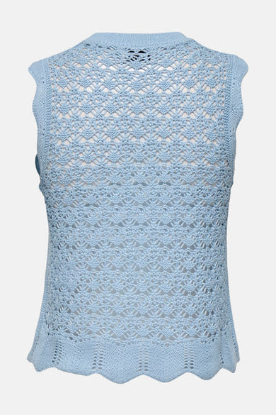 Débardeur bleu en maille ajourée de JDY, avec un motif texturé et une finition ondulée.