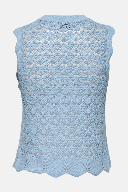 Débardeur bleu en maille ajourée de JDY, avec un motif texturé et une finition ondulée.