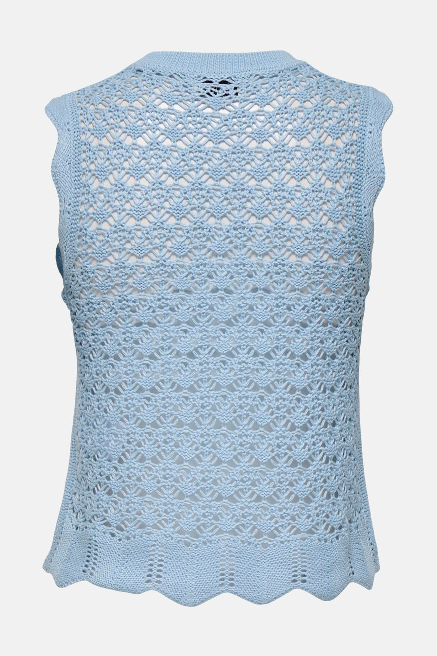 Débardeur bleu en maille ajourée de JDY, avec un motif texturé et une finition ondulée.