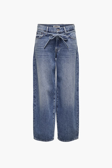 Rechte spijkerbroek in middinblauw denim van ONLY, met een strikceintuur in de taille.