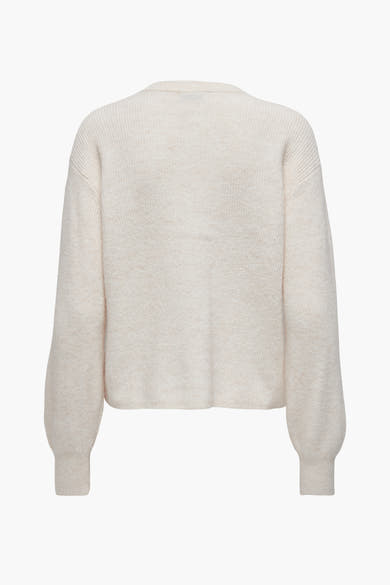 Cardigan écru de JDY en maille côtelée, manches longues bouffantes et coupe courte.