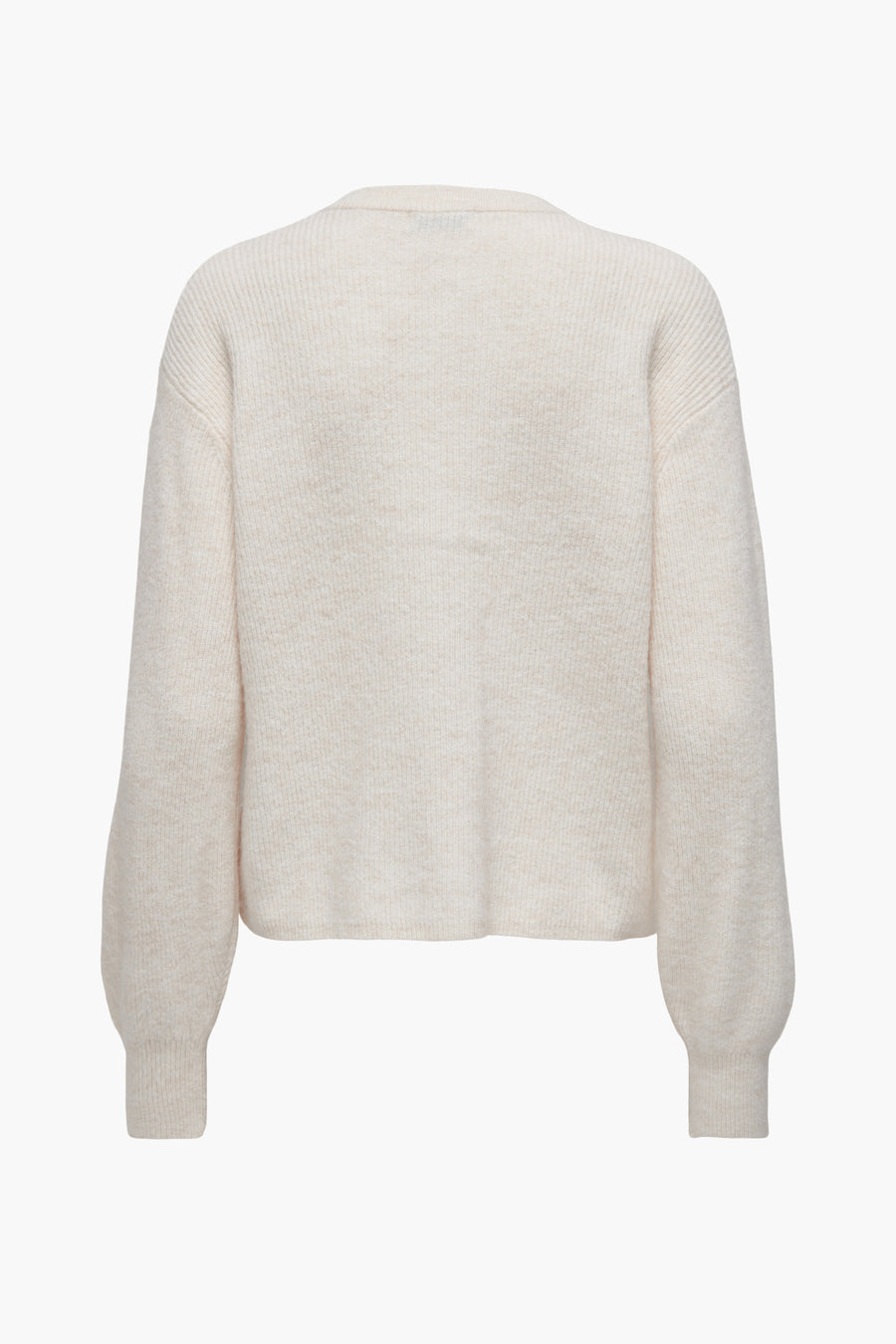 Cardigan écru de JDY en maille côtelée, manches longues bouffantes et coupe courte.