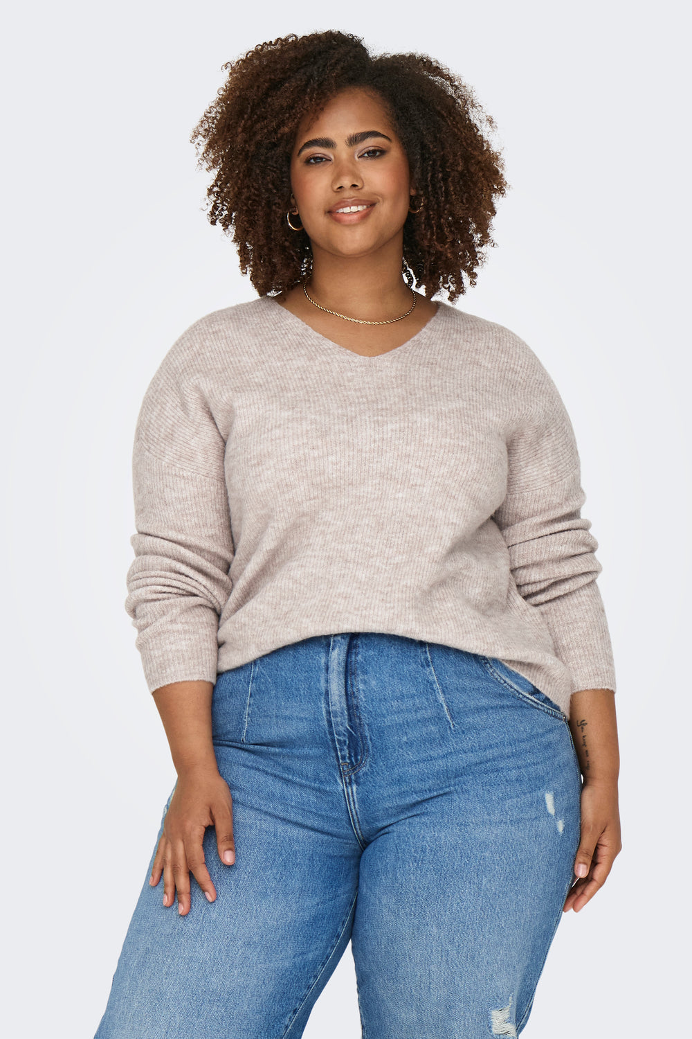 Trui met V-hals Beige - CARMAKOMA