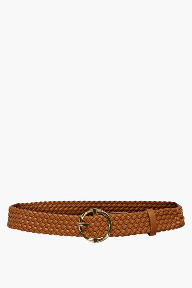 Ceinture tressée marron de ONLY, avec une boucle dorée ronde.