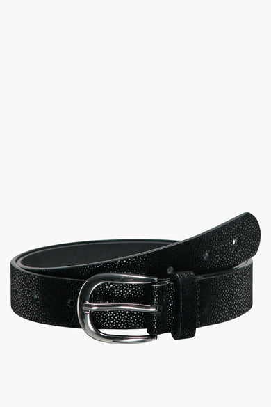 Ceinture noire en similicuir de ONLY, avec boucle ovale argentée et texture granulée.