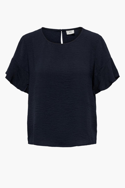 Blauwe blouse met korte mouwen van JDY, met een licht wafelstructuur en een druppelvormige opening aan de achterkant.