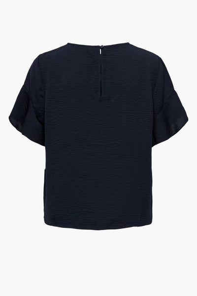 JDY blauw blouse met korte mouwen, met wafelstructuur en druppelknoopdetail op de rug.