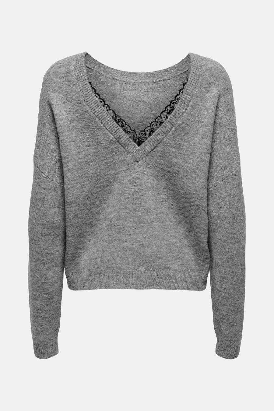 Pull à col en V gris par ONLY, avec bordure en dentelle noire et manches longues.