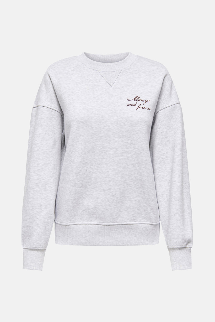 Sweat-shirt gris chiné de ONLY®, avec une inscription décorative brodée sur le devant.