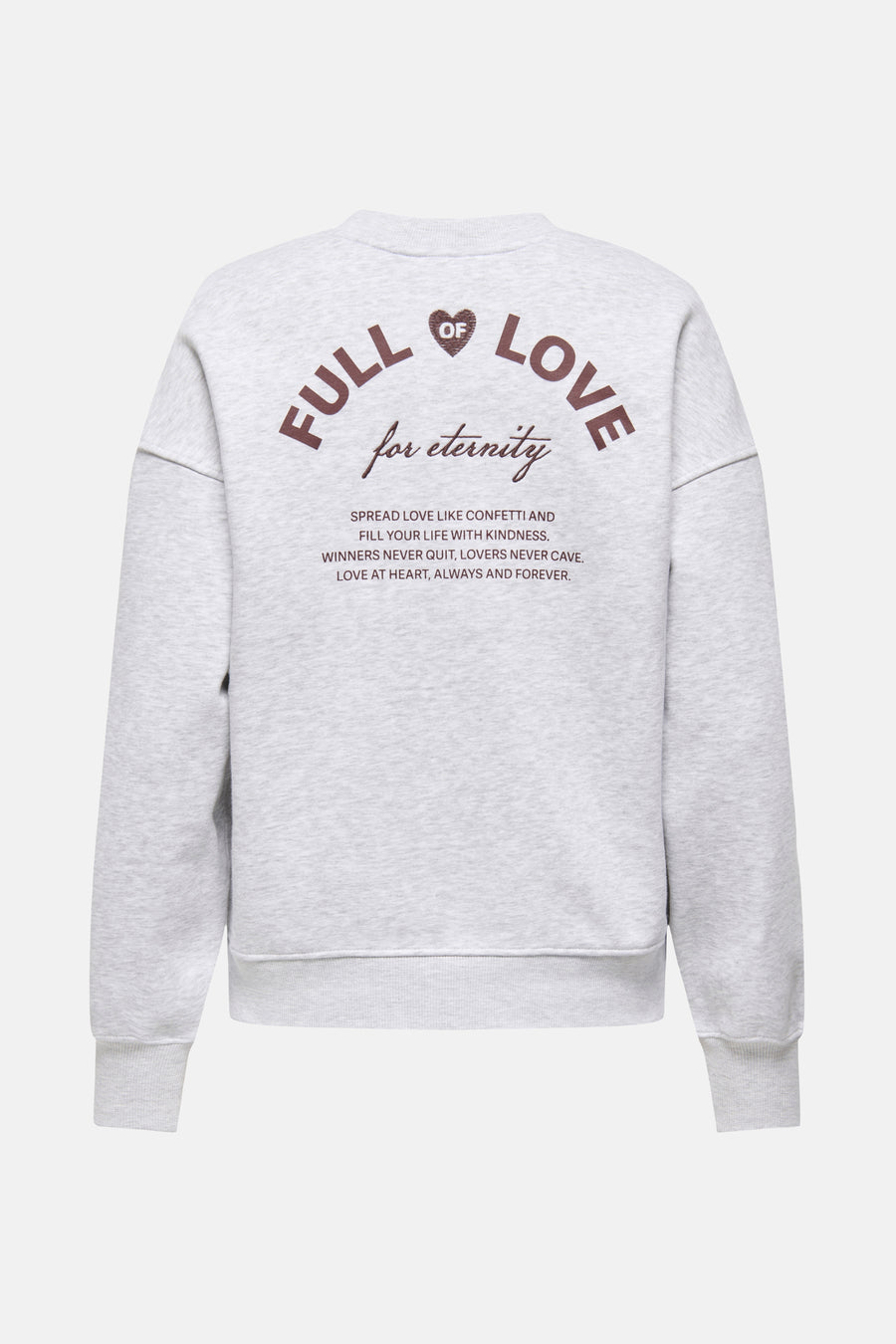 Sweat col rond gris chiné de ONLY®, avec un imprimé de texte au dos.