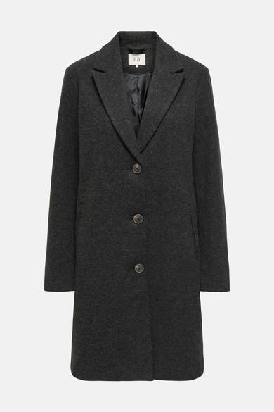 Veste longue noire par JDY avec fermeture boutonnée, col à revers et texture chinée.