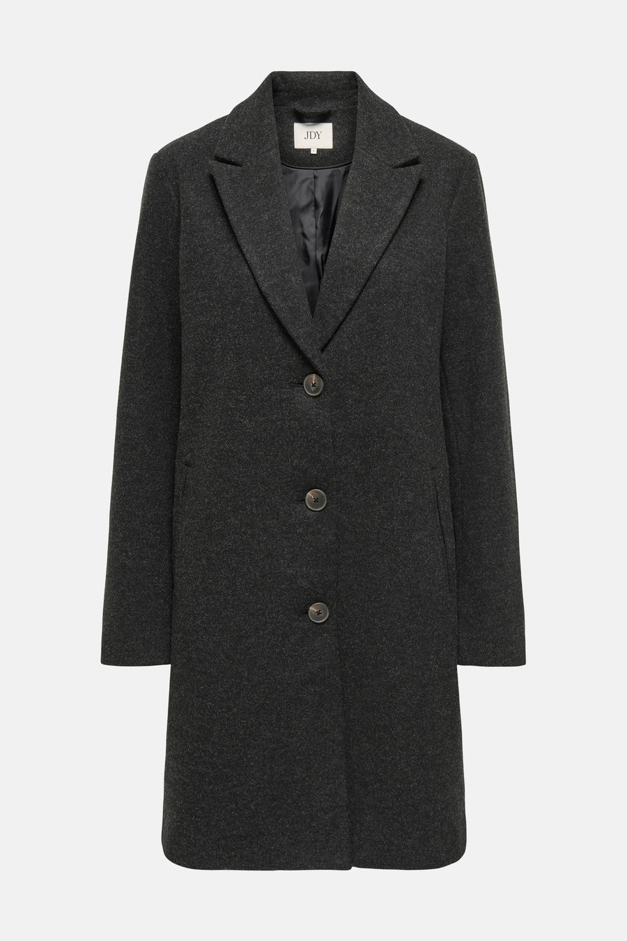 Veste longue noire par JDY avec fermeture boutonnée, col à revers et texture chinée.