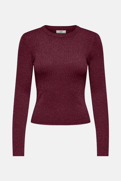 Bordeaux trui met ronde hals van JDY, ribgebreid met glitterdetails.