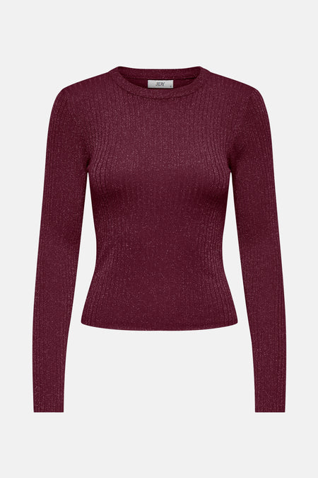Bordeaux trui met ronde hals van JDY, ribgebreid met glitterdetails.