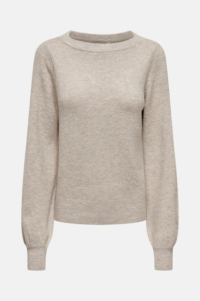 Beige trui met ronde hals van JDY, in fijne gemêleerde brei met lange pofmouwen.