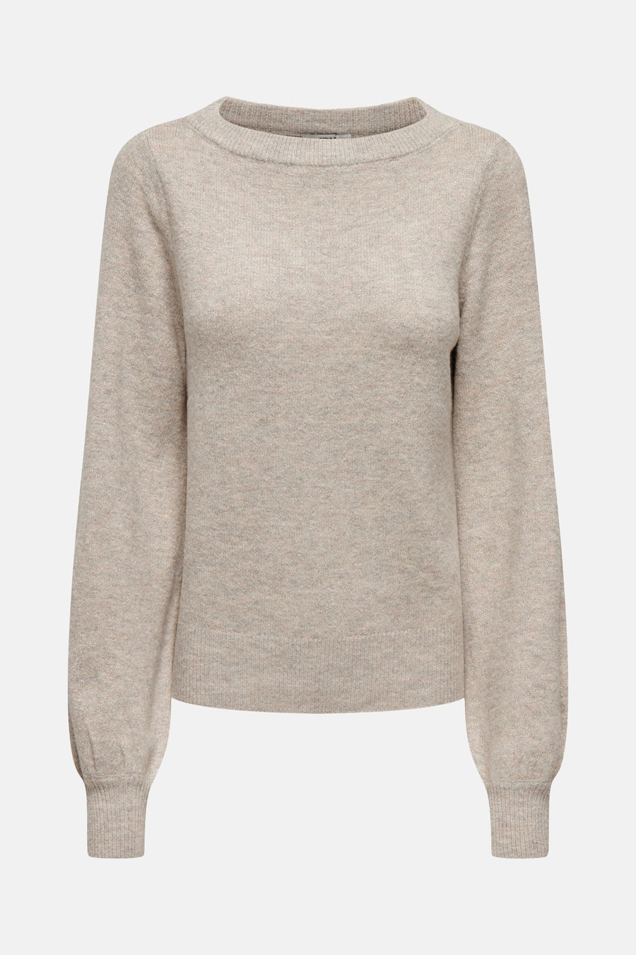 Beige trui met ronde hals van JDY, in fijne gemêleerde brei met lange pofmouwen.