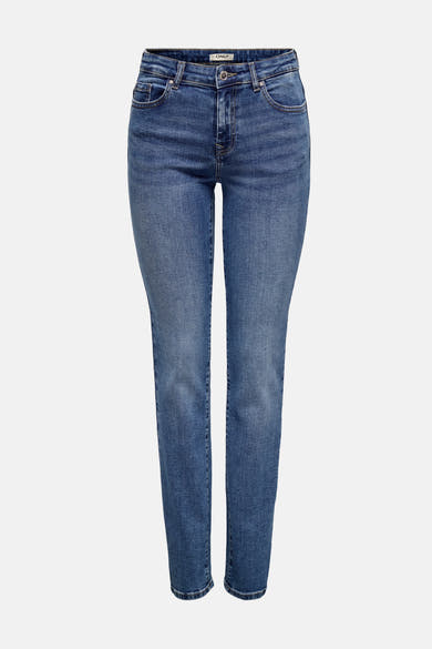 Slim jeans in middendonkerblauw denim van ONLY, op een neutrale achtergrond.