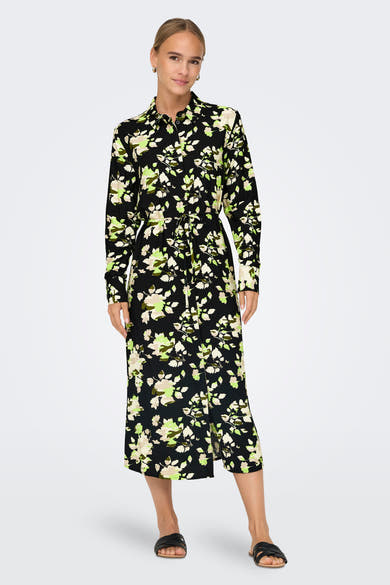 JDY meerkleurige jurk met lange mouwen, met een zwart, beige en groen bloemenpatroon.