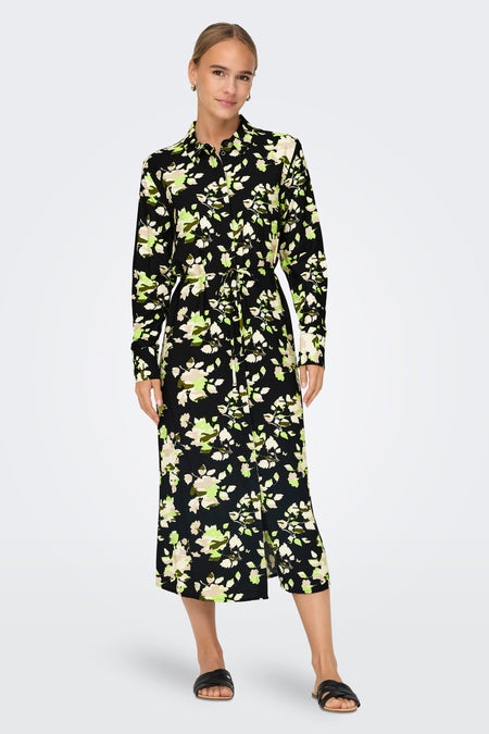 JDY meerkleurige jurk met lange mouwen, met een zwart, beige en groen bloemenpatroon.