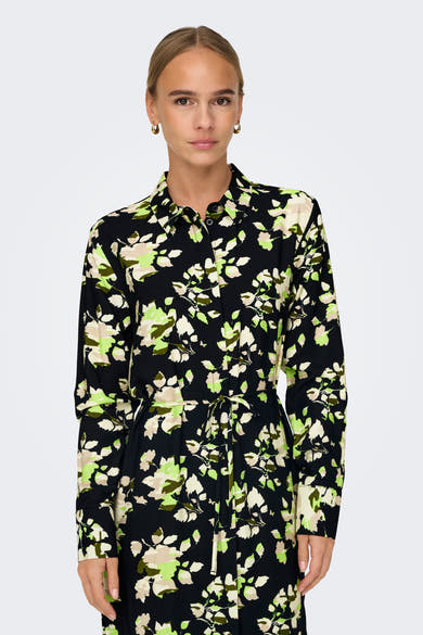 JDY meerkleurige jurk met lange mouwen, bloemenprint en een strikceintuur.