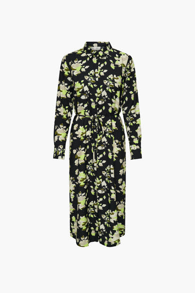 Multikleuren jurk met lange mouwen van JDY, met een bloemenprint op een zwarte achtergrond en een strikceintuur.