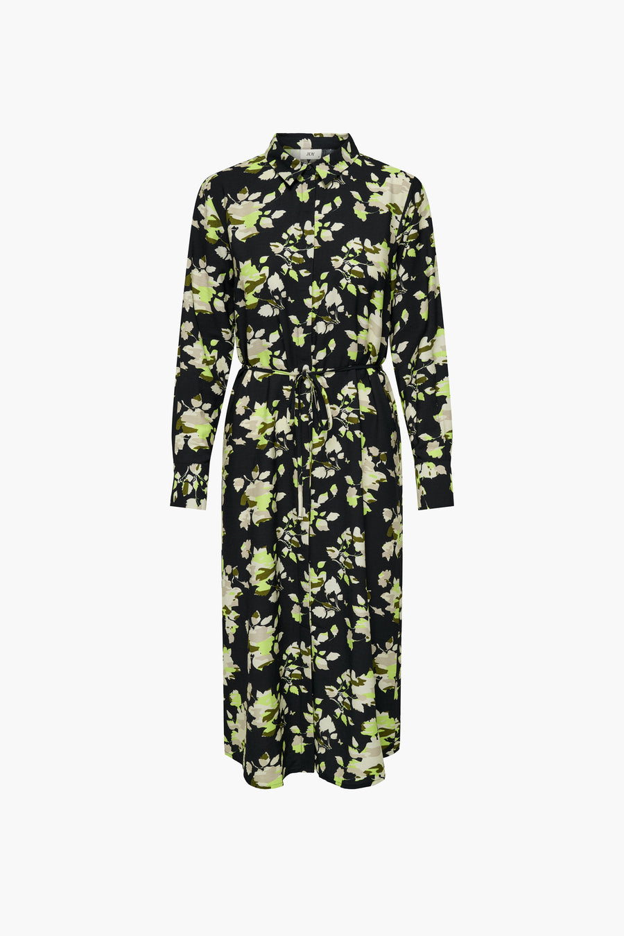 Multikleuren jurk met lange mouwen van JDY, met een bloemenprint op een zwarte achtergrond en een strikceintuur.
