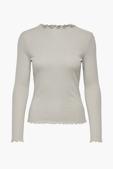 Ecru T-shirt met lange mouwen van ONLY, in ribgebreide stof met ruchedetails bij de halslijn en zoom.