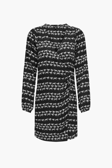Robe noire à manches longues de ONLY®, motif imprimé de chevaux blancs, coupe portefeuille drapée.
