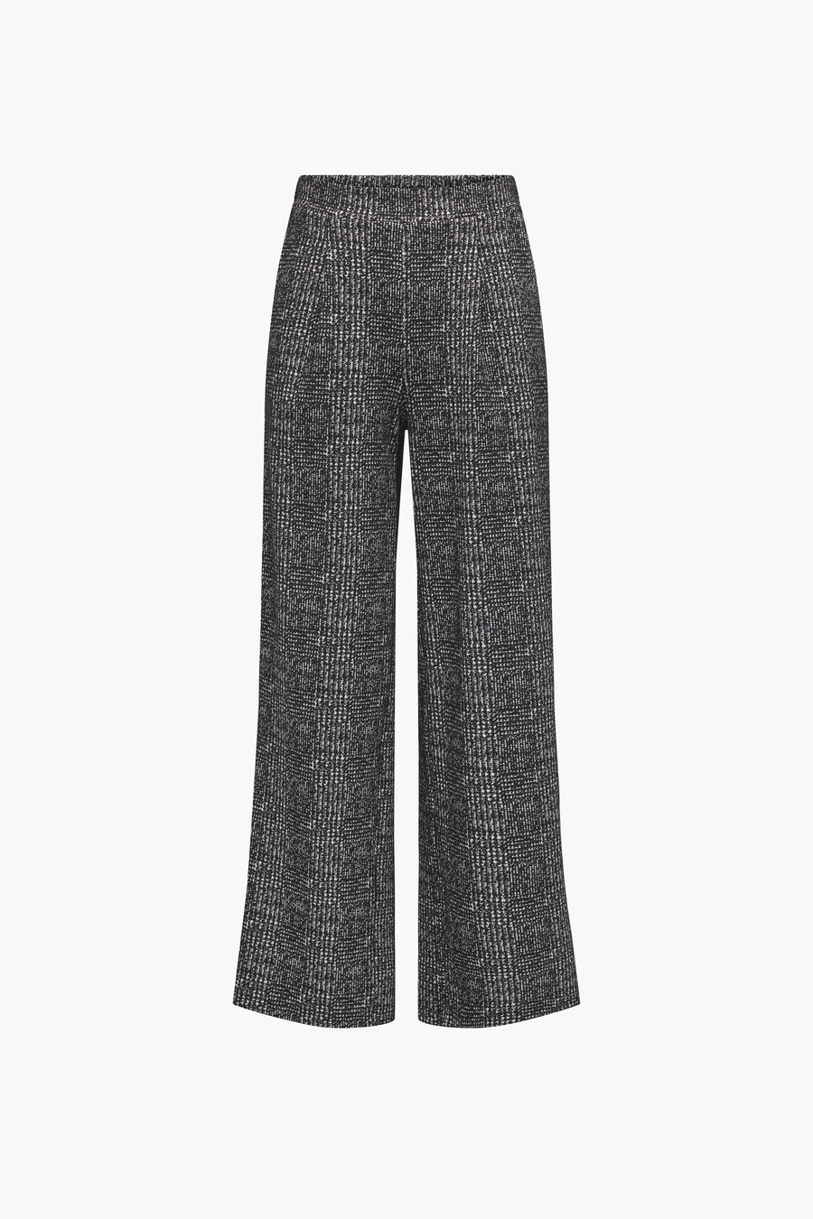 Grijze kleurrijke broek van JDY, met discrete ruitjes en een losse pasvorm op een witte achtergrond.