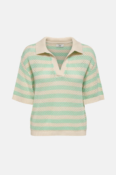 Groen gestreept poloshirt met korte mouwen van JDY, in opengebreide stof met effen beige kraag.