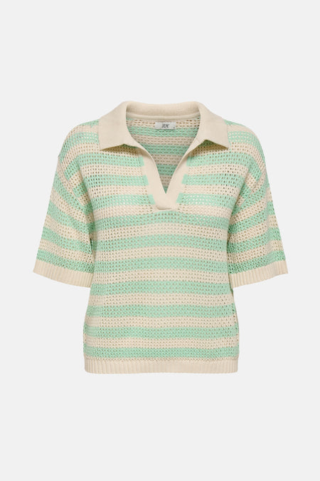 Groen gestreept poloshirt met korte mouwen van JDY, in opengebreide stof met effen beige kraag.