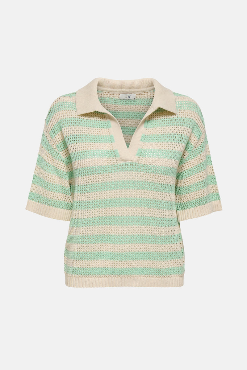 Polo vert rayé à manches courtes par JDY, en maille ajourée avec col beige uni.
