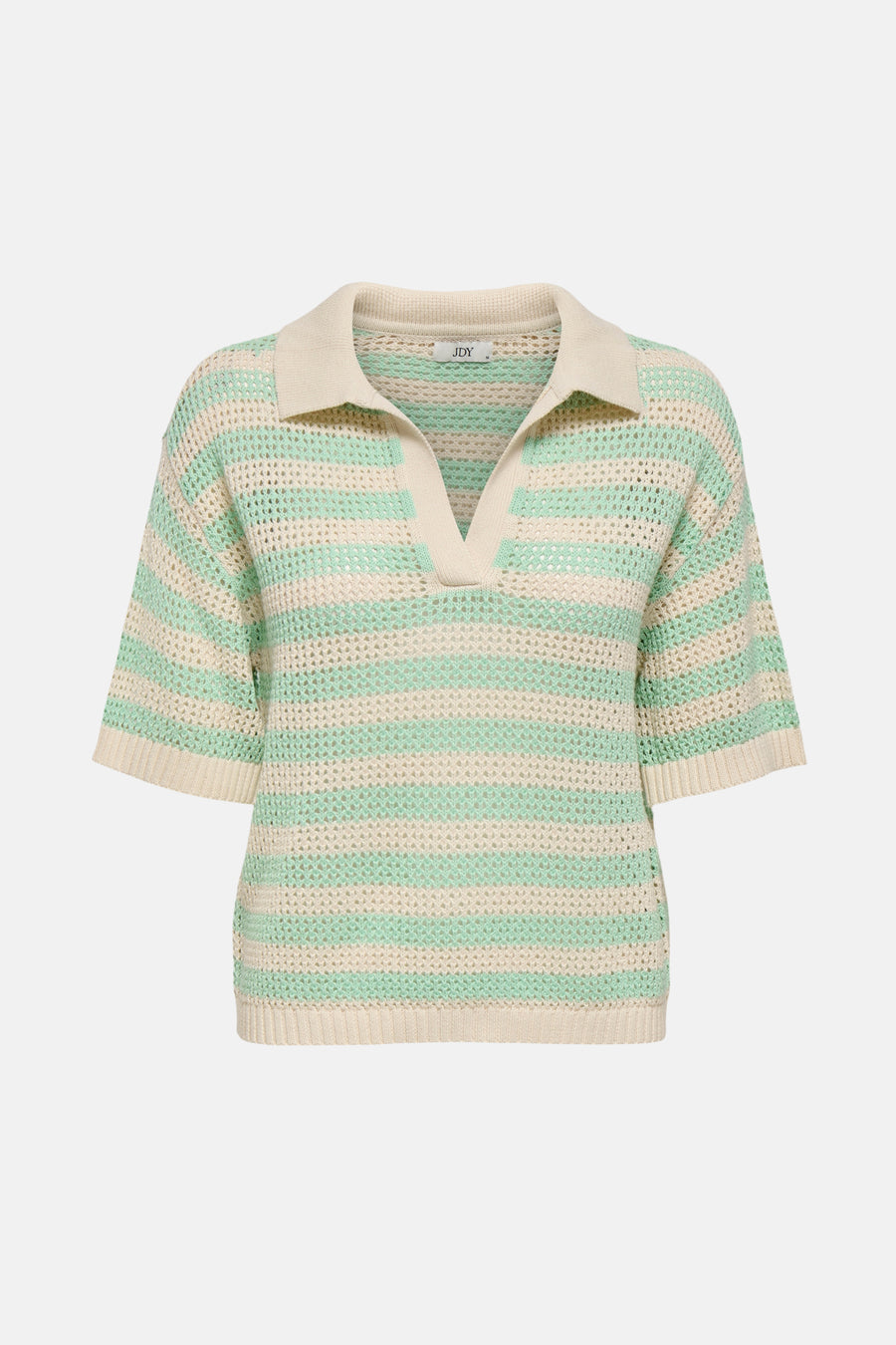 Groen gestreept poloshirt met korte mouwen van JDY, in opengebreide stof met effen beige kraag.