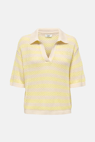 Gele poloshirt met korte mouwen van JDY, horizontale strepen en opengebreide textuur, achterzicht.