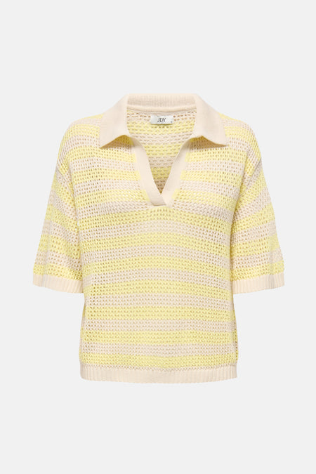 Gele poloshirt met korte mouwen van JDY, horizontale strepen en opengebreide textuur, achterzicht.