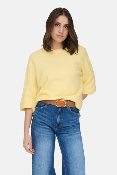 Pull jaune à col rond de ONLY, porté avec un pantalon en denim bleu et une ceinture marron.
