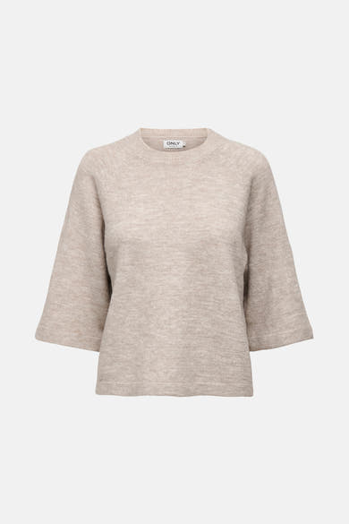 Beige trui met ronde hals van ONLY, met driekwart wijde mouwen.