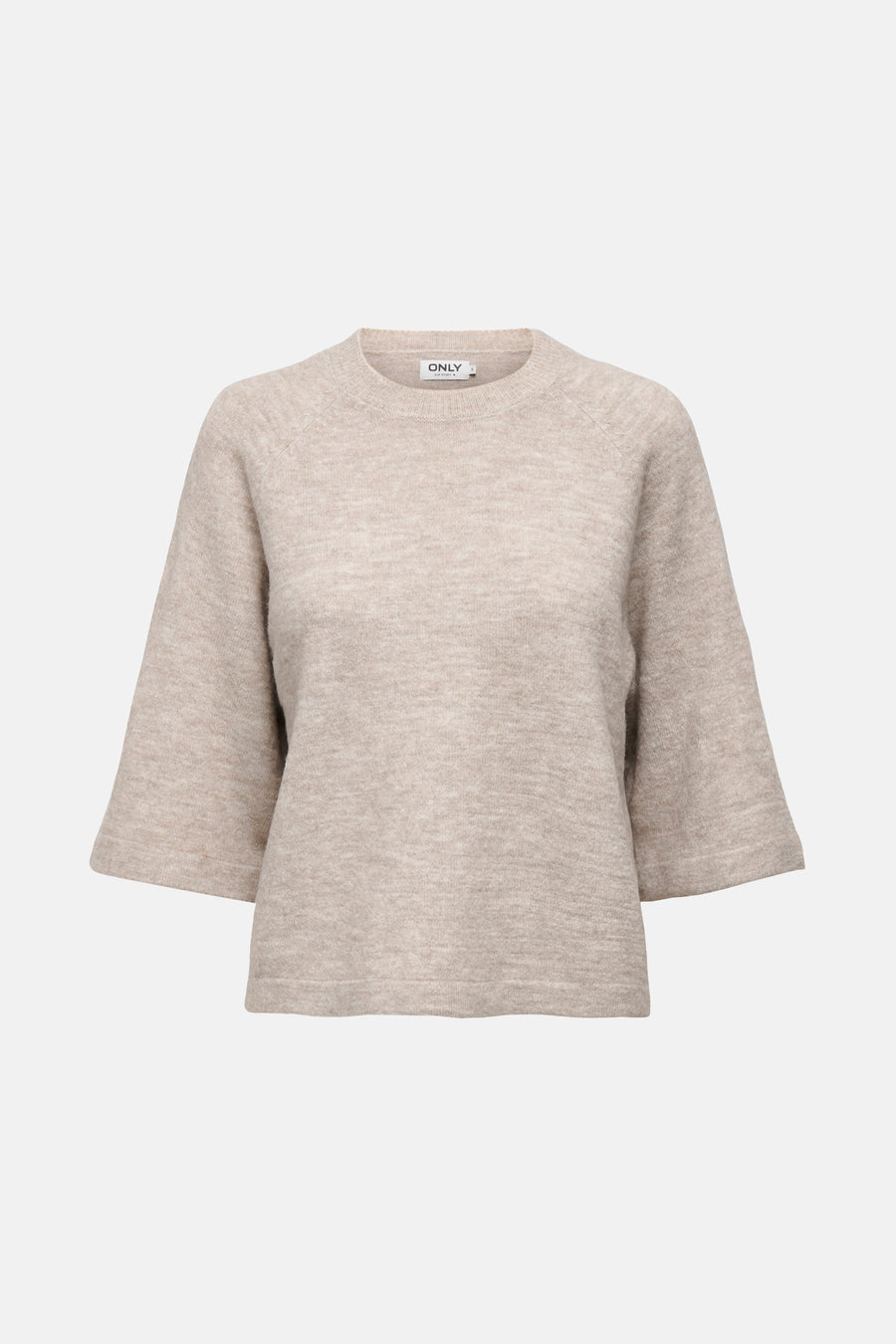 Beige trui met ronde hals van ONLY, met driekwart wijde mouwen.