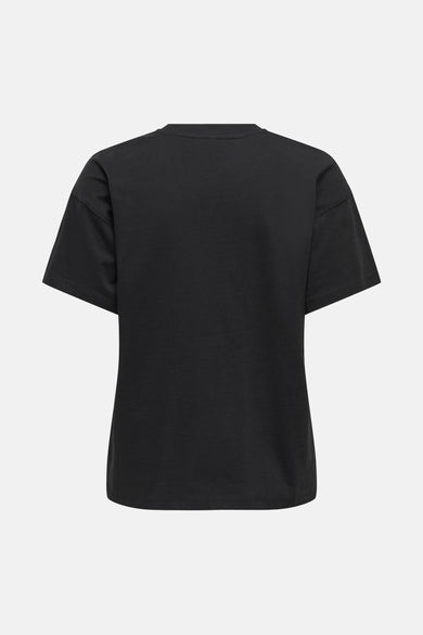 T-shirt noir à manches courtes de ONLY, coupe décontractée, sur fond uni neutre.
