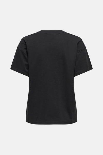 T-shirt noir à manches courtes de ONLY, coupe décontractée, sur fond uni neutre.
