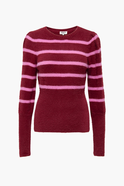 Pull rouge à rayures roses de ONLY, en maille duveteuse à manches longues