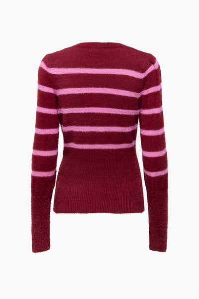 Pull rouge à rayures roses de ONLY, en maille duveteuse.