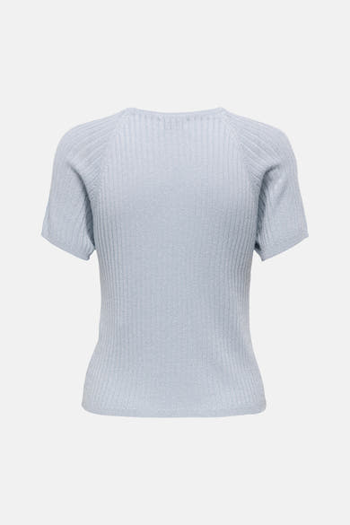 JDY blauw T-shirt van ribgebreid materiaal met korte raglanmouwen.