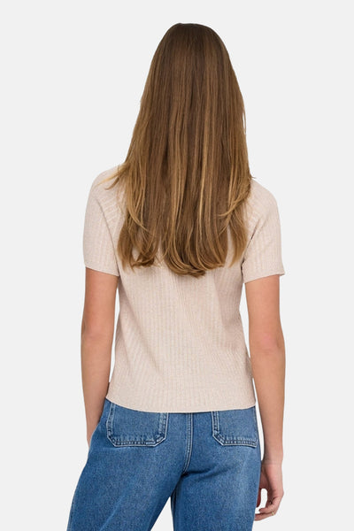 T-shirt argenté de JDY, vu de dos, avec un motif côtelé et des manches courtes.