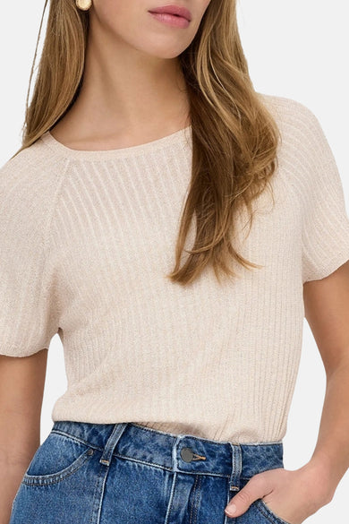 T-shirt argenté de JDY, à texture côtelée et manches courtes, porté avec un jean taille haute.