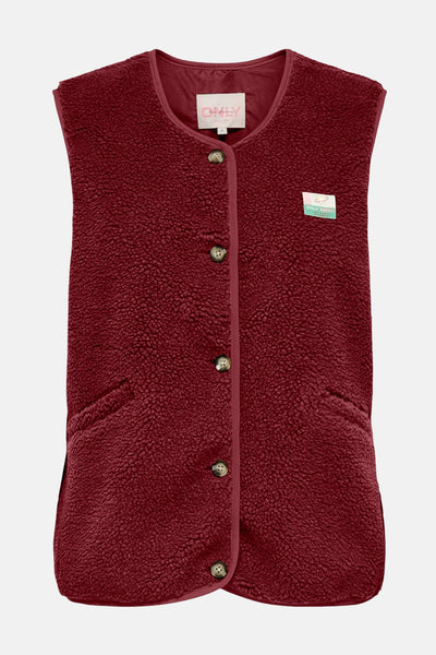 Bordeaux mouwloos vest van imitatiebont van ONLY, met knopen en opgestikte zakken.