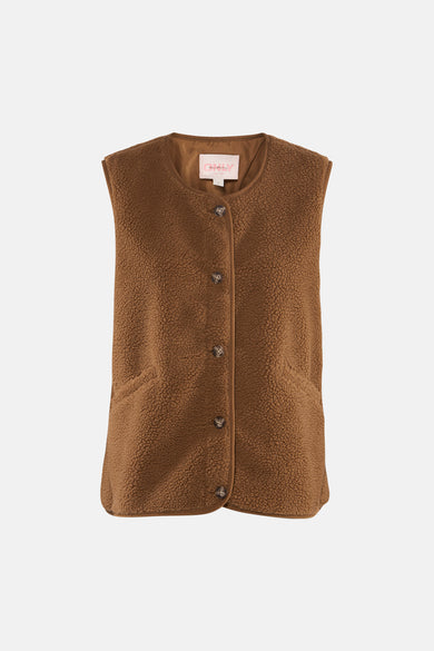 Bruine teddy bodywarmer van ONLY, met zichtbare knoopsluiting.