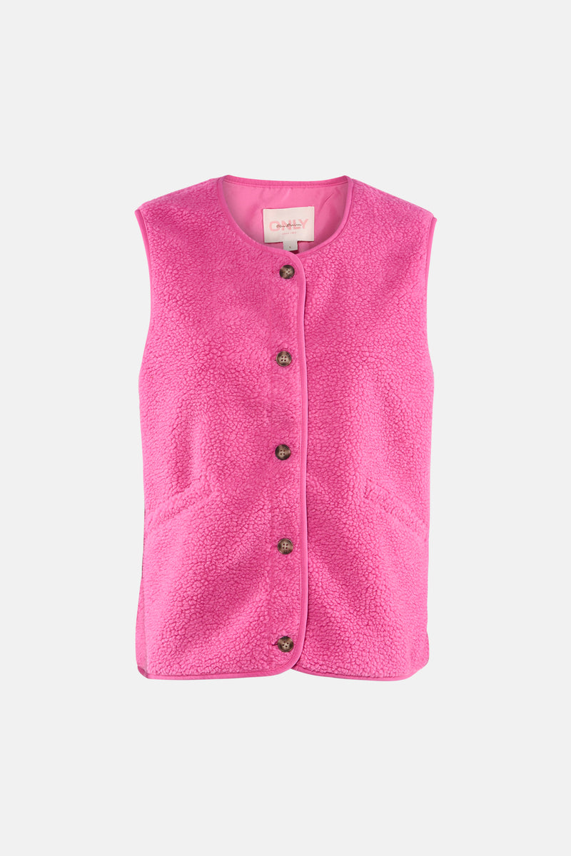 Roze fleece bodywarmer van ONLY, met zichtbare knoopsluiting en een zachte textuur.