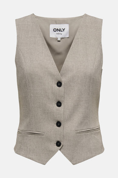 Beige mouwloos vest, van ONLY, met zwarte knopen en paspelzakken.