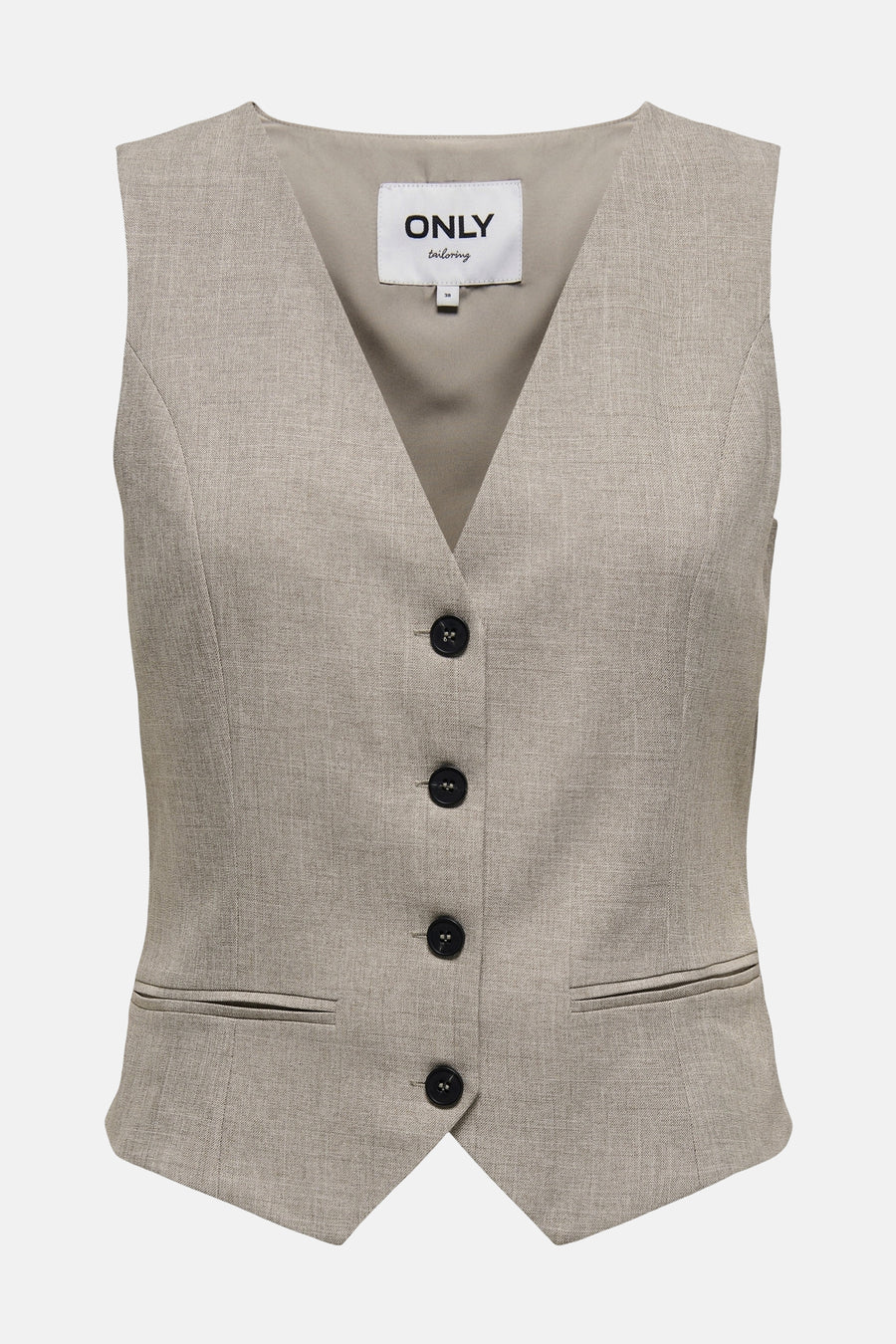 Beige mouwloos vest, van ONLY, met zwarte knopen en paspelzakken.
